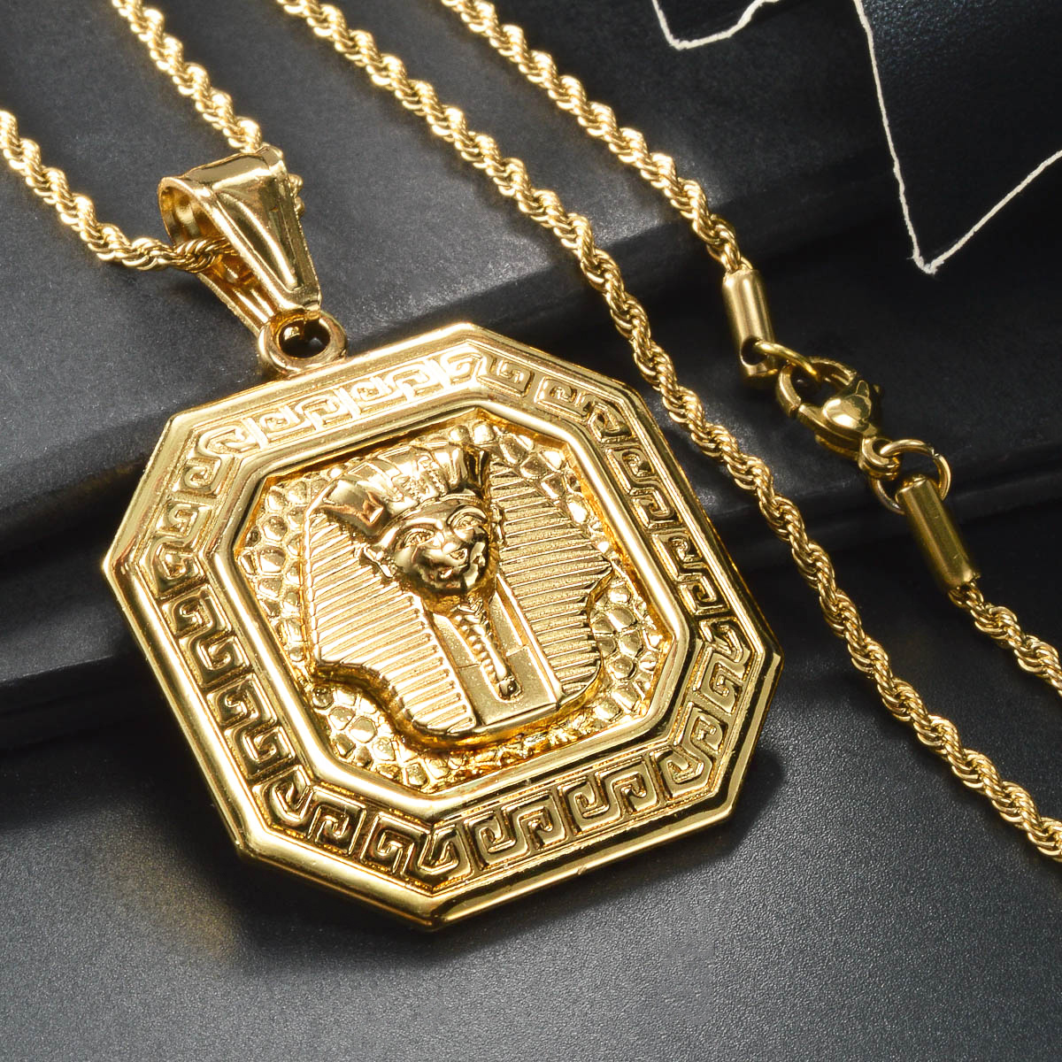 Retro Octagonal Greek Key Golden Pendant Necklace